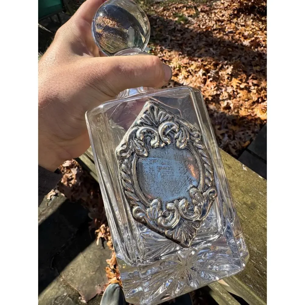 Antique Crystal Decanter with Sterling Silver Ornate Accent Vintage Estate